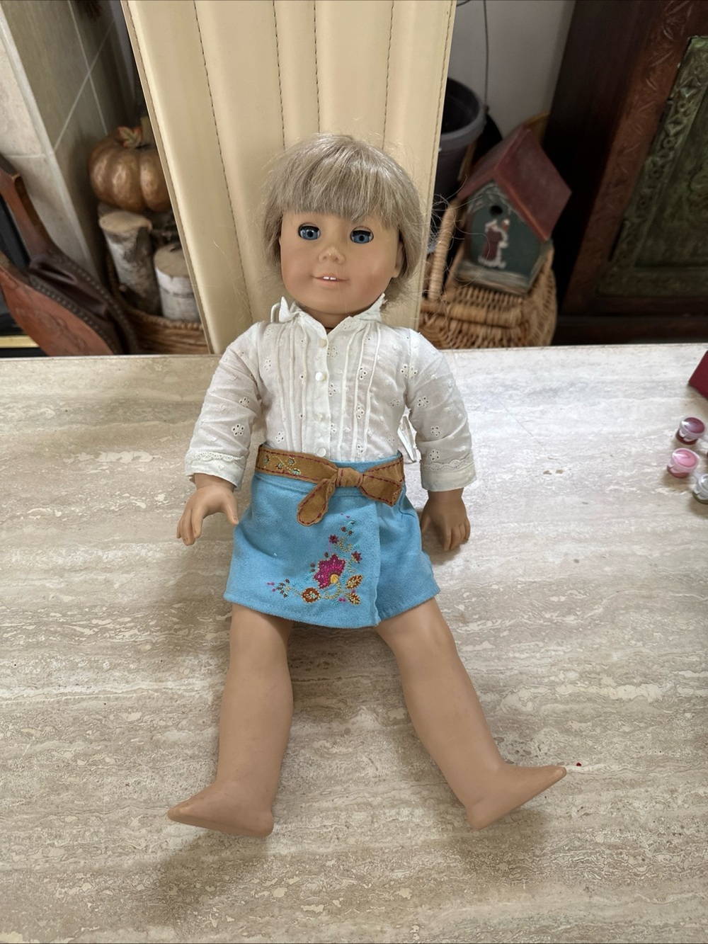 American Girl Doll Light Blue Embroidered Skirt with Brown Belt